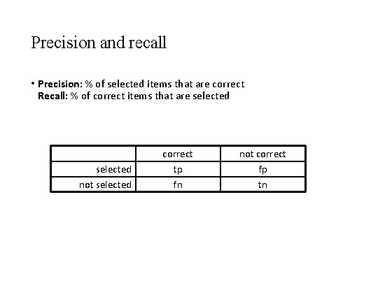 Precision and recall • Precision: % of selected items that are correct Recall: %