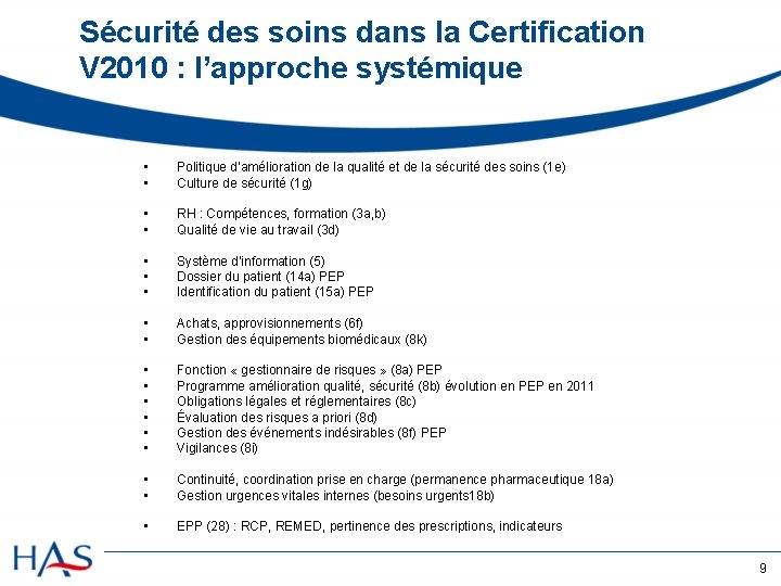 Sécurité des soins dans la Certification V 2010 : l’approche systémique • • Politique