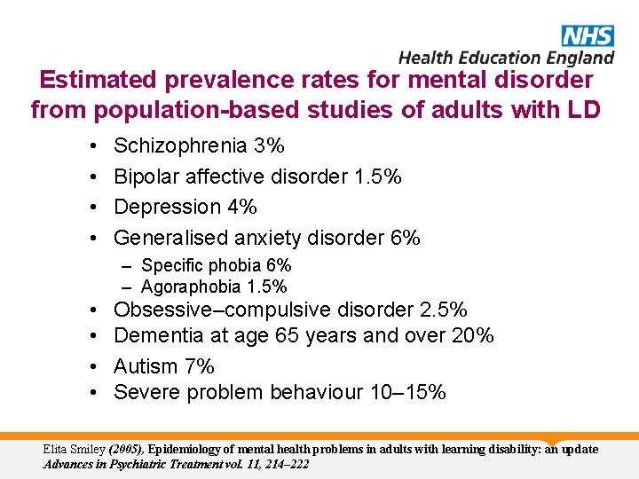 Estimated prevalence rates for mental disorder from population-based studies of adults with LD •