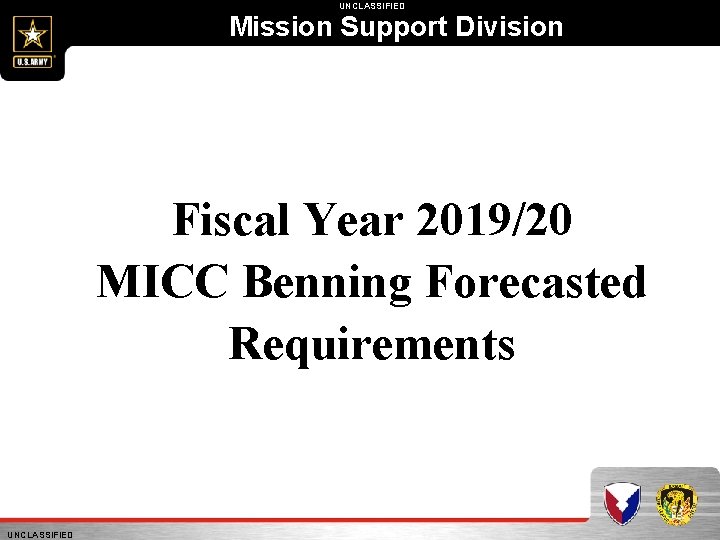 UNCLASSIFIED Mission Support Division Fiscal Year 2019/20 MICC Benning Forecasted Requirements UNCLASSIFIED 