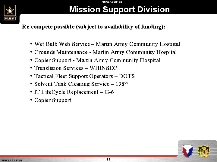 UNCLASSIFIED Mission Support Division Re-compete possible (subject to availability of funding): • • UNCLASSIFIED