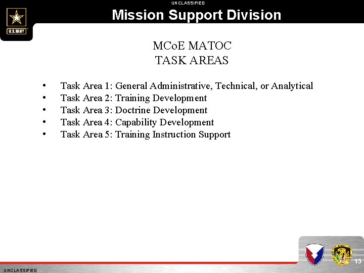 UNCLASSIFIED Mission Support Division MCo. E MATOC TASK AREAS • • • Task Area