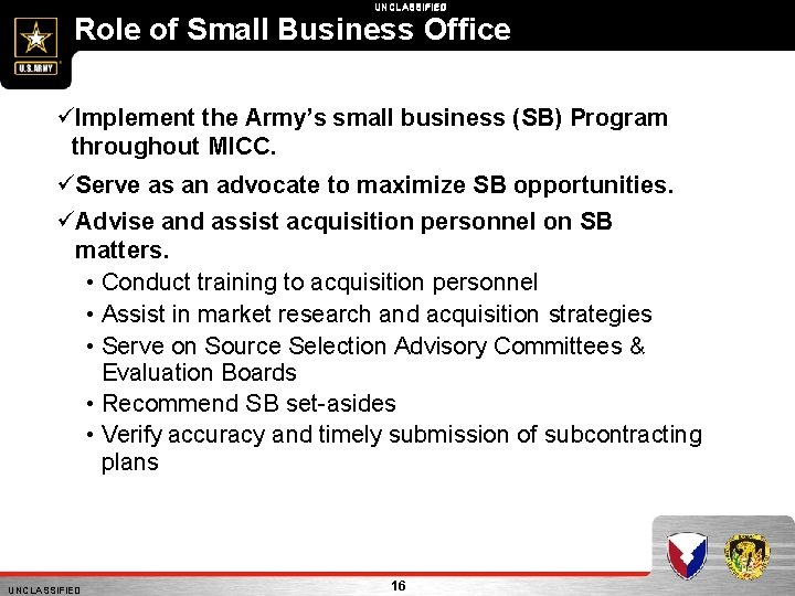 UNCLASSIFIED Role of Small Business Office Implement the Army’s small business (SB) Program throughout