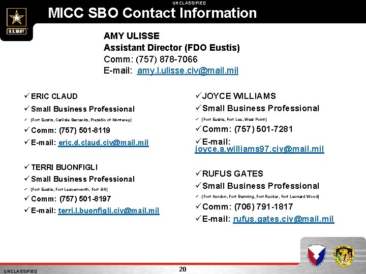 UNCLASSIFIED MICC SBO Contact Information AMY ULISSE Assistant Director (FDO Eustis) Comm: (757) 878