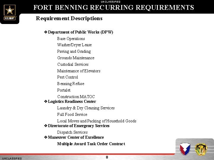 UNCLASSIFIED FORT BENNING RECURRING REQUIREMENTS Requirement Descriptions v Department of Public Works (DPW) Base