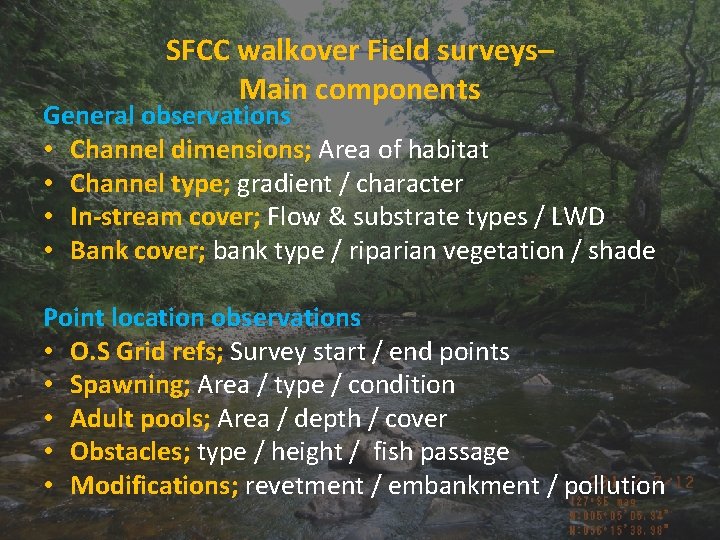 SFCC walkover Field surveys– Main components General observations • Channel dimensions; Area of habitat