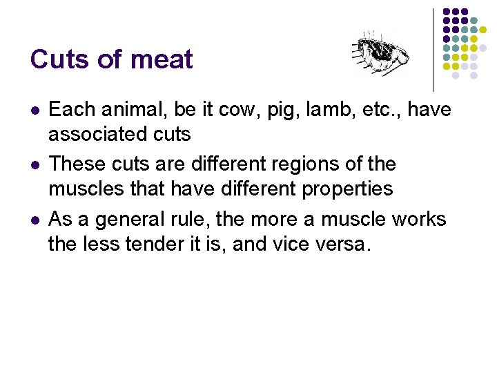 Cuts of meat l l l Each animal, be it cow, pig, lamb, etc.