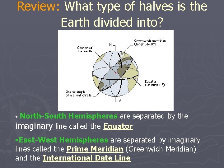 Review: What type of halves is the Earth divided into? North-South Hemispheres are separated