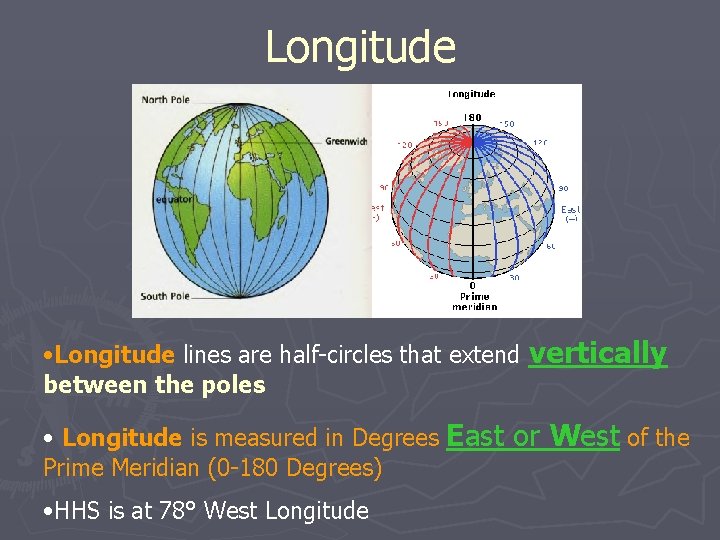 Longitude • Longitude lines are half-circles that extend between the poles • Longitude is