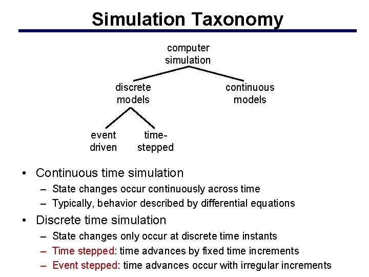 Simulation Taxonomy computer simulation discrete models event driven continuous models timestepped • Continuous time