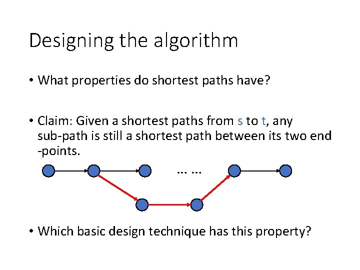 Designing the algorithm • What properties do shortest paths have? • Claim: Given a