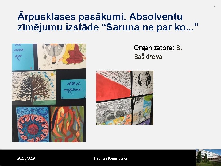 12 Ārpusklases pasākumi. Absolventu zīmējumu izstāde “Saruna ne par ko. . . ” Organizatore: