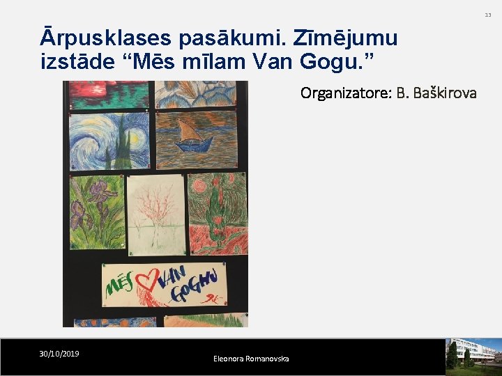 13 Ārpusklases pasākumi. Zīmējumu izstāde “Mēs mīlam Van Gogu. ” Organizatore: B. Baškirova 30/10/2019