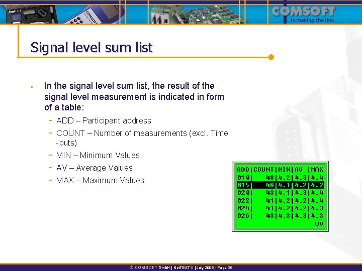 Signal level sum list § In the signal level sum list, the result of