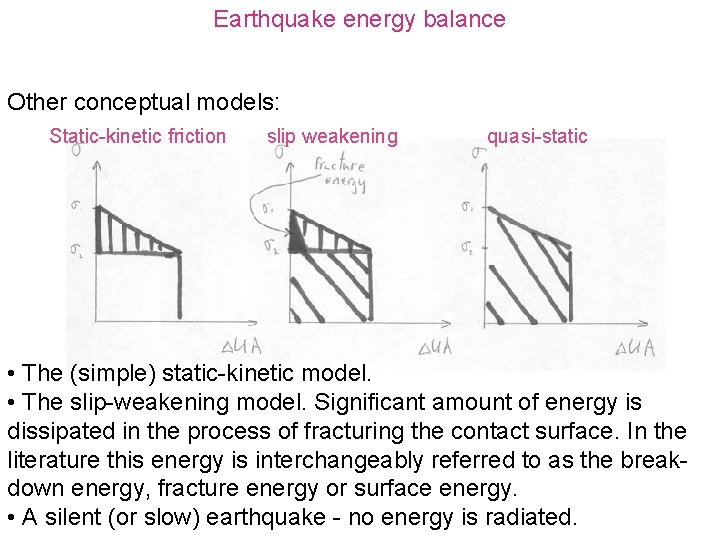Earthquake energy balance Other conceptual models: Static-kinetic friction slip weakening quasi-static • The (simple)