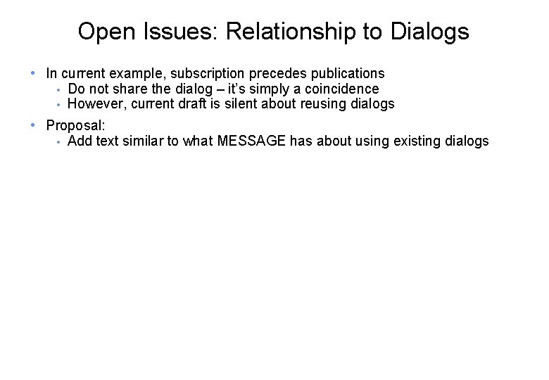 Open Issues: Relationship to Dialogs • In current example, subscription precedes publications • Do