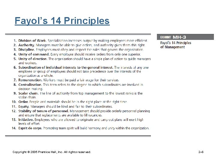 Fayol’s 14 Principles Copyright © 2005 Prentice Hall, Inc. All rights reserved. 2– 6