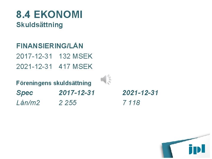 8. 4 EKONOMI Skuldsättning FINANSIERING/LÅN 2017 -12 -31 132 MSEK 2021 -12 -31 417