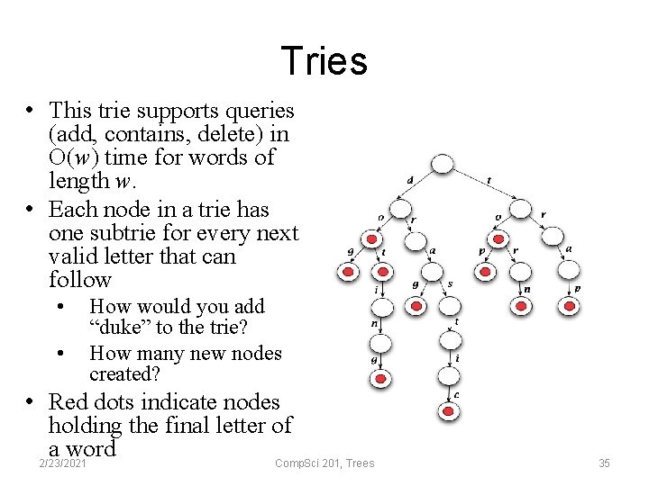 Tries • This trie supports queries (add, contains, delete) in O(w) time for words