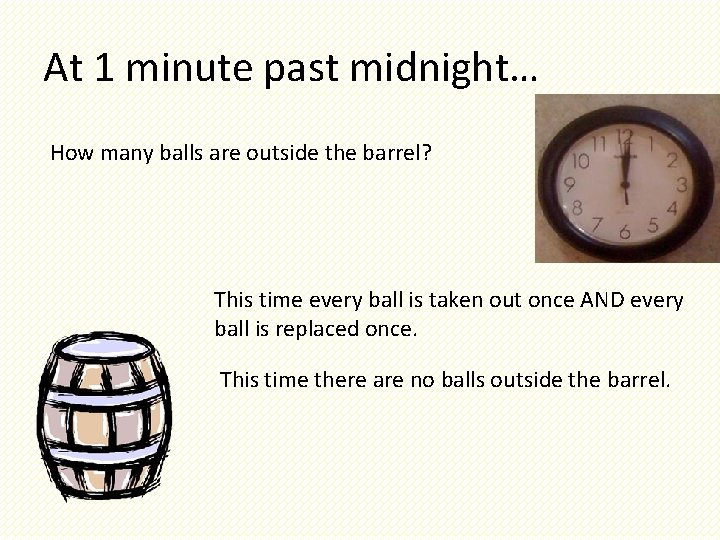 At 1 minute past midnight… How many balls are outside the barrel? This time