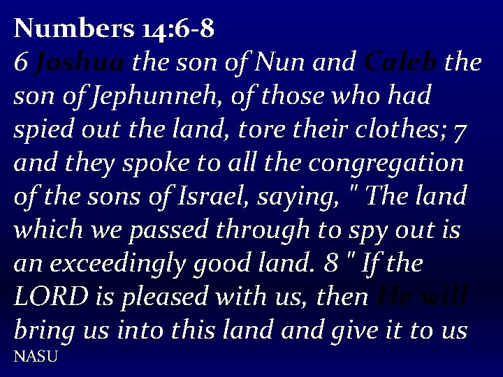 Numbers 14: 6 -8 6 Joshua the son of Nun and Caleb the son