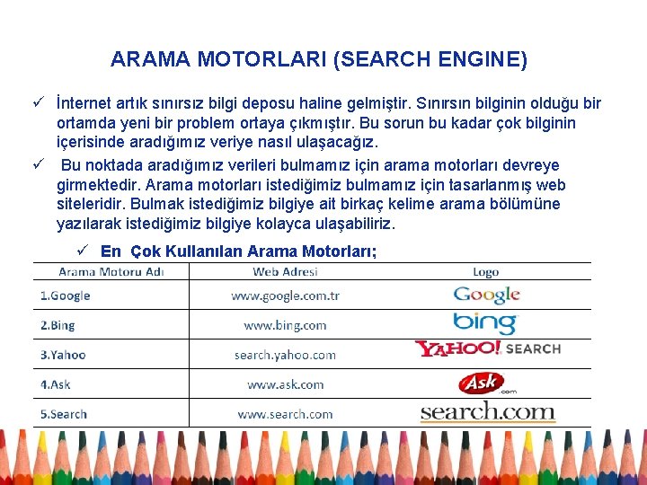 ARAMA MOTORLARI (SEARCH ENGINE) ü İnternet artık sınırsız bilgi deposu haline gelmiştir. Sınırsın bilginin