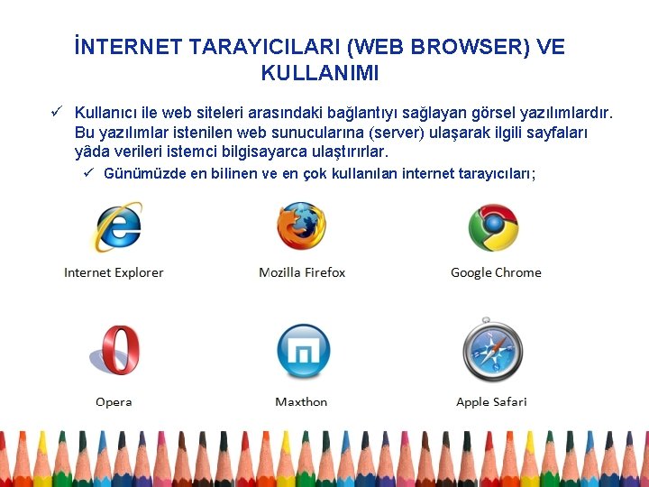 İNTERNET TARAYICILARI (WEB BROWSER) VE KULLANIMI ü Kullanıcı ile web siteleri arasındaki bağlantıyı sağlayan