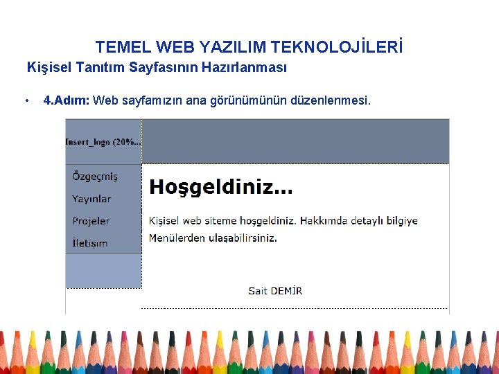 TEMEL WEB YAZILIM TEKNOLOJİLERİ Kişisel Tanıtım Sayfasının Hazırlanması • 4. Adım: Web sayfamızın ana