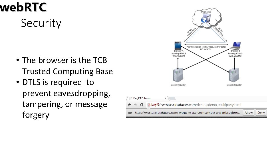 web. RTC Security • The browser is the TCB Trusted Computing Base • DTLS