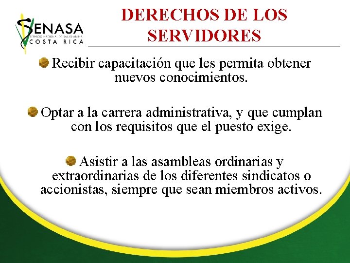 DERECHOS DE LOS SERVIDORES Recibir capacitación que les permita obtener nuevos conocimientos. Optar a