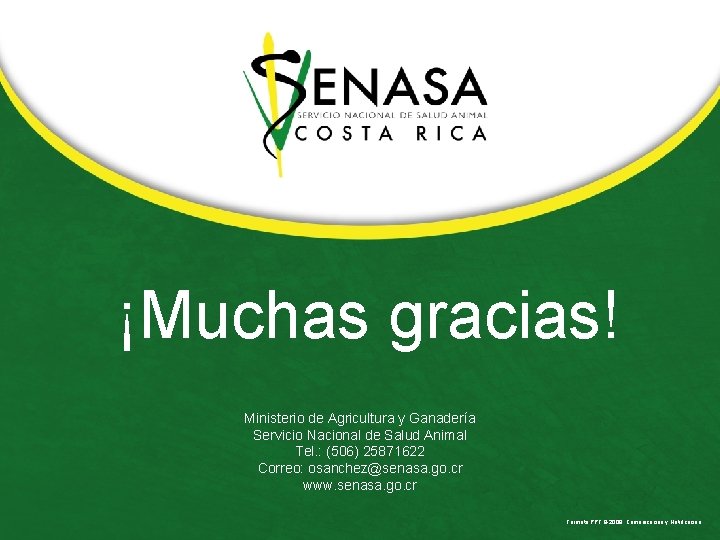 ¡Muchas gracias! Ministerio de Agricultura y Ganadería Servicio Nacional de Salud Animal Tel. :