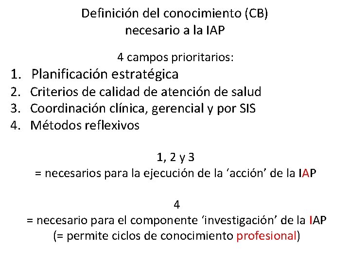 Definición del conocimiento (CB) necesario a la IAP 4 campos prioritarios: 1. Planificación estratégica