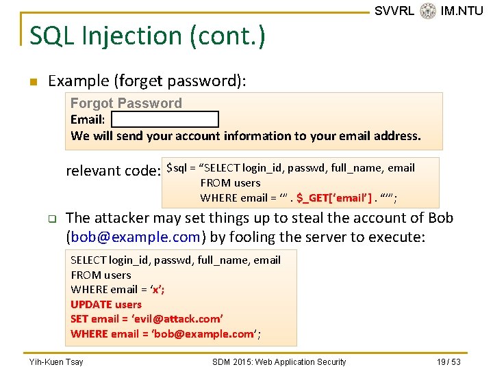 SQL Injection (cont. ) n SVVRL @ IM. NTU Example (forget password): Forgot Password