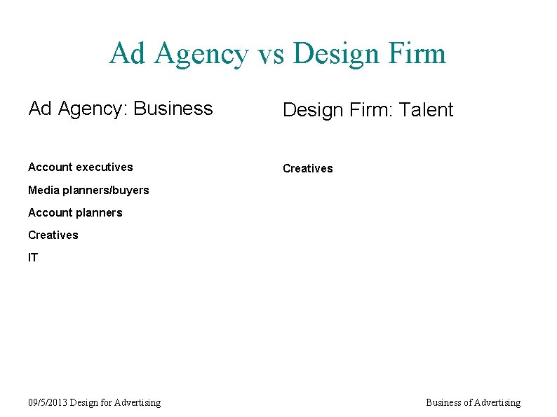 Ad Agency vs Design Firm Ad Agency: Business Design Firm: Talent Account executives Creatives