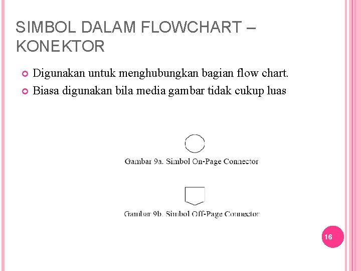 SIMBOL DALAM FLOWCHART – KONEKTOR Digunakan untuk menghubungkan bagian flow chart. Biasa digunakan bila