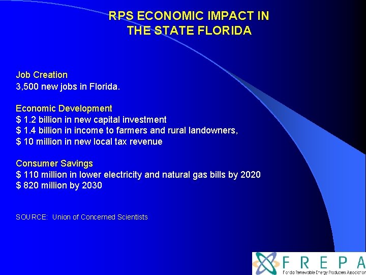 RPS ECONOMIC IMPACT IN THE STATE FLORIDA Job Creation 3, 500 new jobs in