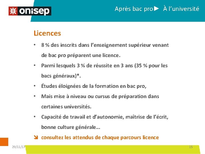 Après bac pro► À l’université Licences • 8 % des inscrits dans l’enseignement supérieur