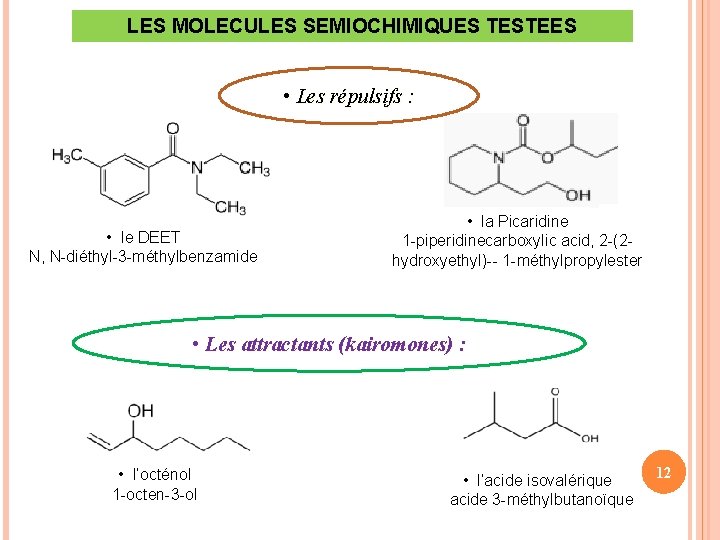 LES MOLECULES SEMIOCHIMIQUES TESTEES • Les répulsifs : • le DEET N, N-diéthyl-3 -méthylbenzamide