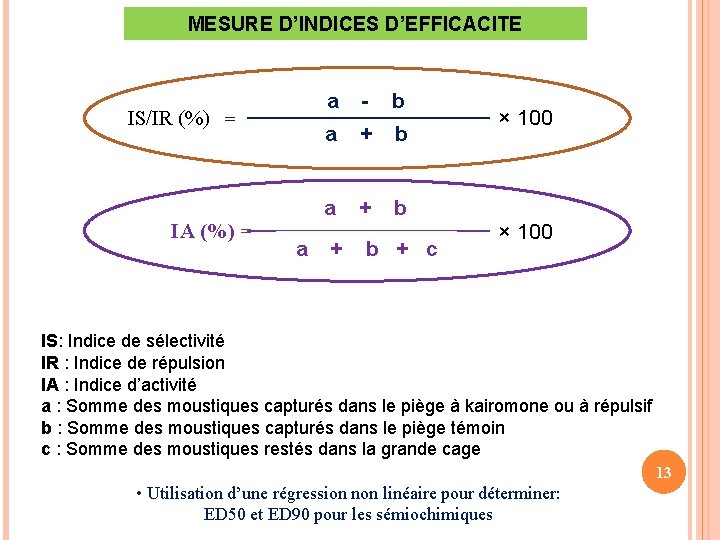 MESURE D’INDICES D’EFFICACITE IS/IR (%) = IA (%) = a a - b a