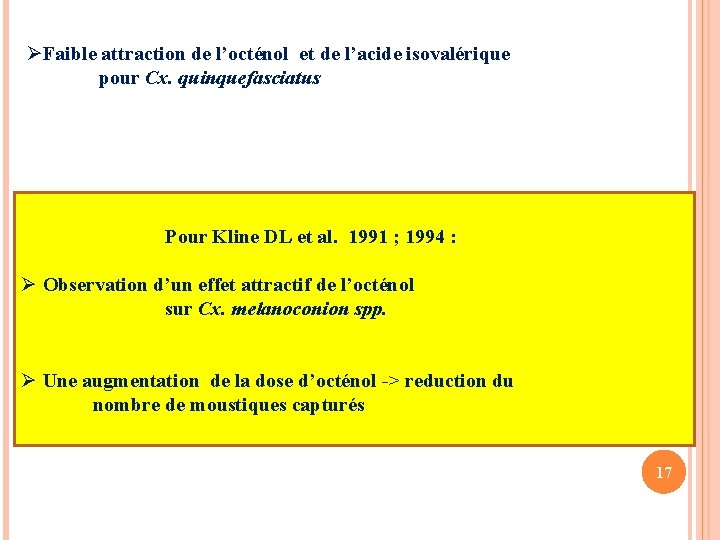 ØFaible attraction de l’octénol et de l’acide isovalérique pour Cx. quinquefasciatus Pour Kline DL