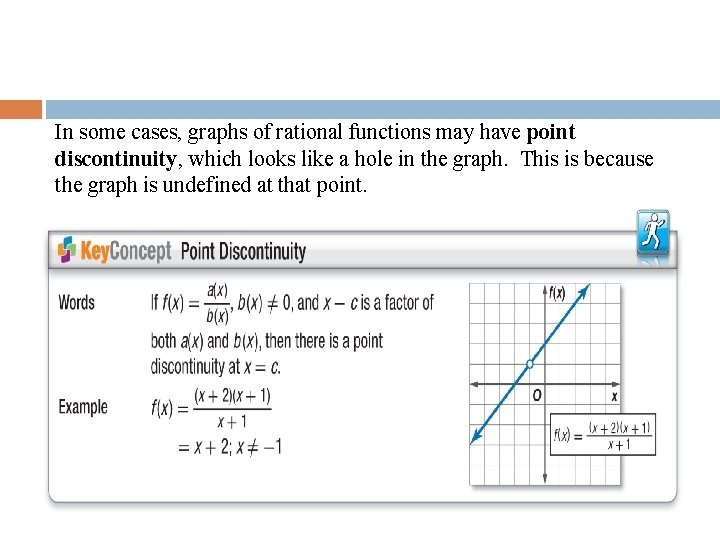 In some cases, graphs of rational functions may have point discontinuity, which looks like