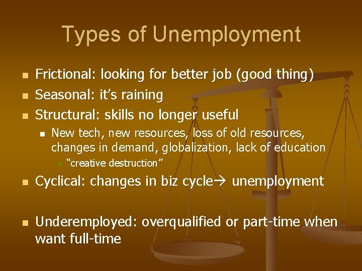 Types of Unemployment n n n Frictional: looking for better job (good thing) Seasonal: