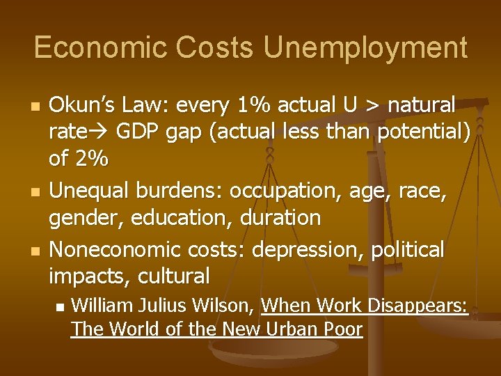 Economic Costs Unemployment n n n Okun’s Law: every 1% actual U > natural