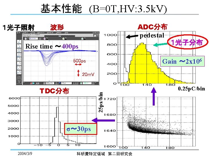 基本性能　(B=0 T, HV: 3. 5 k. V) １光子照射 ADC分布 pedestal 波形 １光子分布 Rise time