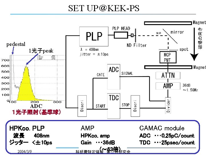 SET UP＠KEK-PS pedestal 1光子peak ADC １光子照射（基準球） HPKco. PLP 　波長 　　408 nm ジッター　<± 10 ps