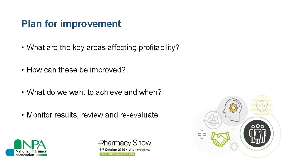 Plan for improvement • What are the key areas affecting profitability? • How can