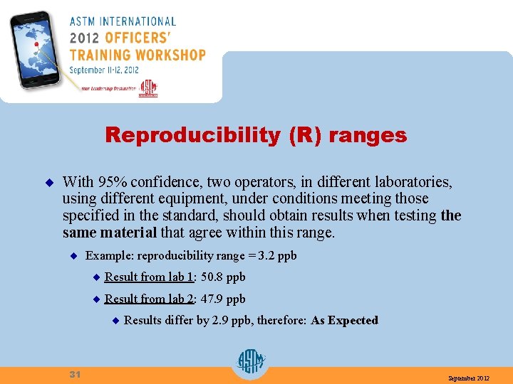 Reproducibility (R) ranges ¨ With 95% confidence, two operators, in different laboratories, using different