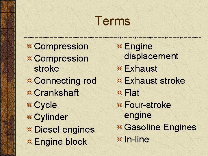 Terms Compression stroke Connecting rod Crankshaft Cycle Cylinder Diesel engines Engine block Engine displacement