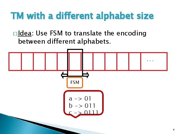 TM with a different alphabet size � Idea: Use FSM to translate the encoding