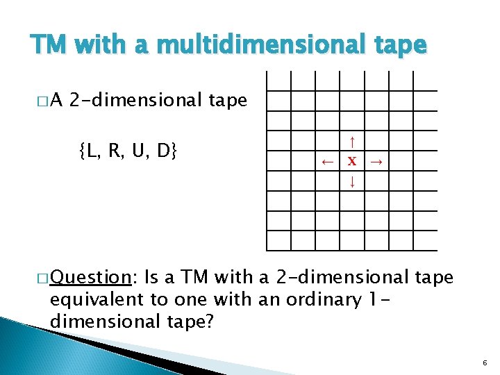 TM with a multidimensional tape �A 2 -dimensional tape {L, R, U, D} ↑